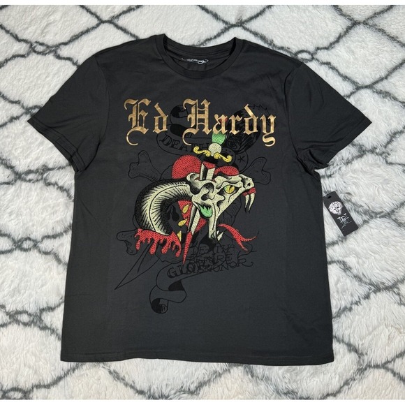 ED HARDY Rhinestone Dagger Snake Graphic Tee Shirt Gray Men's Size XL *NEW* $85 - Picture 3 of 7